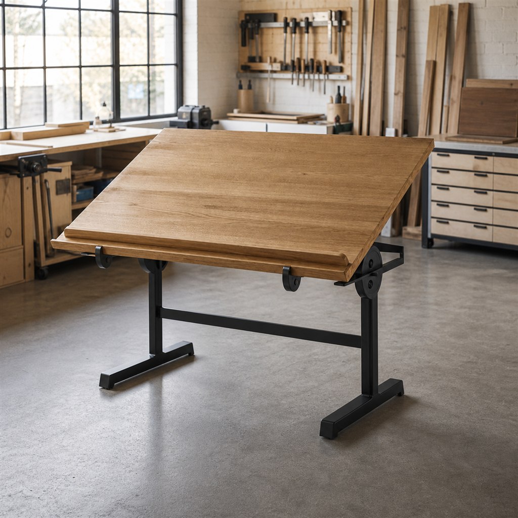 Drafting Desk With a Tilted Wood Top and Steel Pivot Base - workshop dry-assembly view