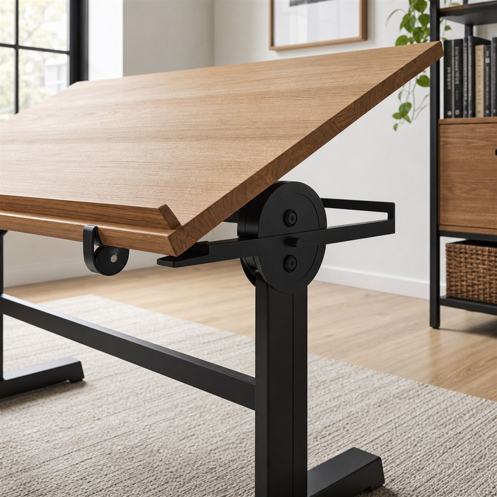 Drafting Desk With a Tilted Wood Top and Steel Pivot Base - finished material detail
