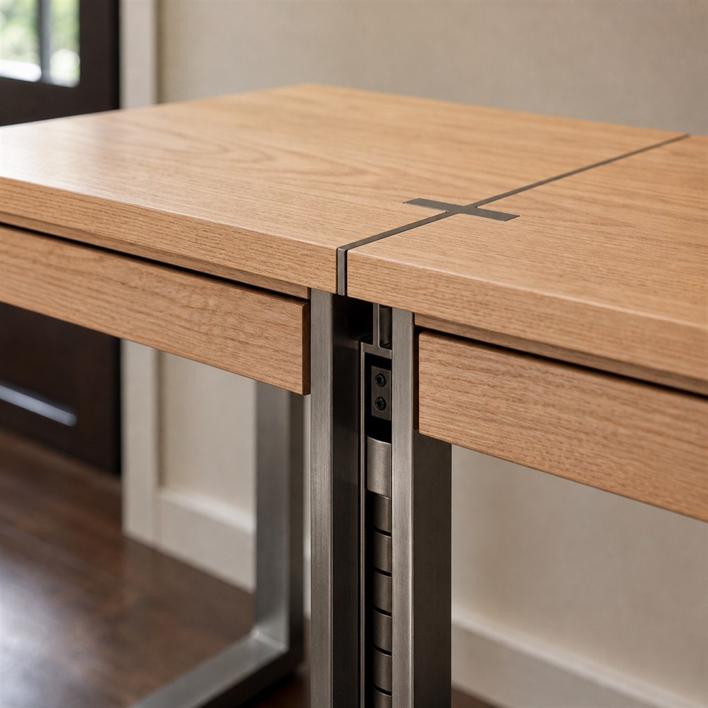 Dual-User Desk With a Central Steel Cable Spine - wood-to-steel interface detail