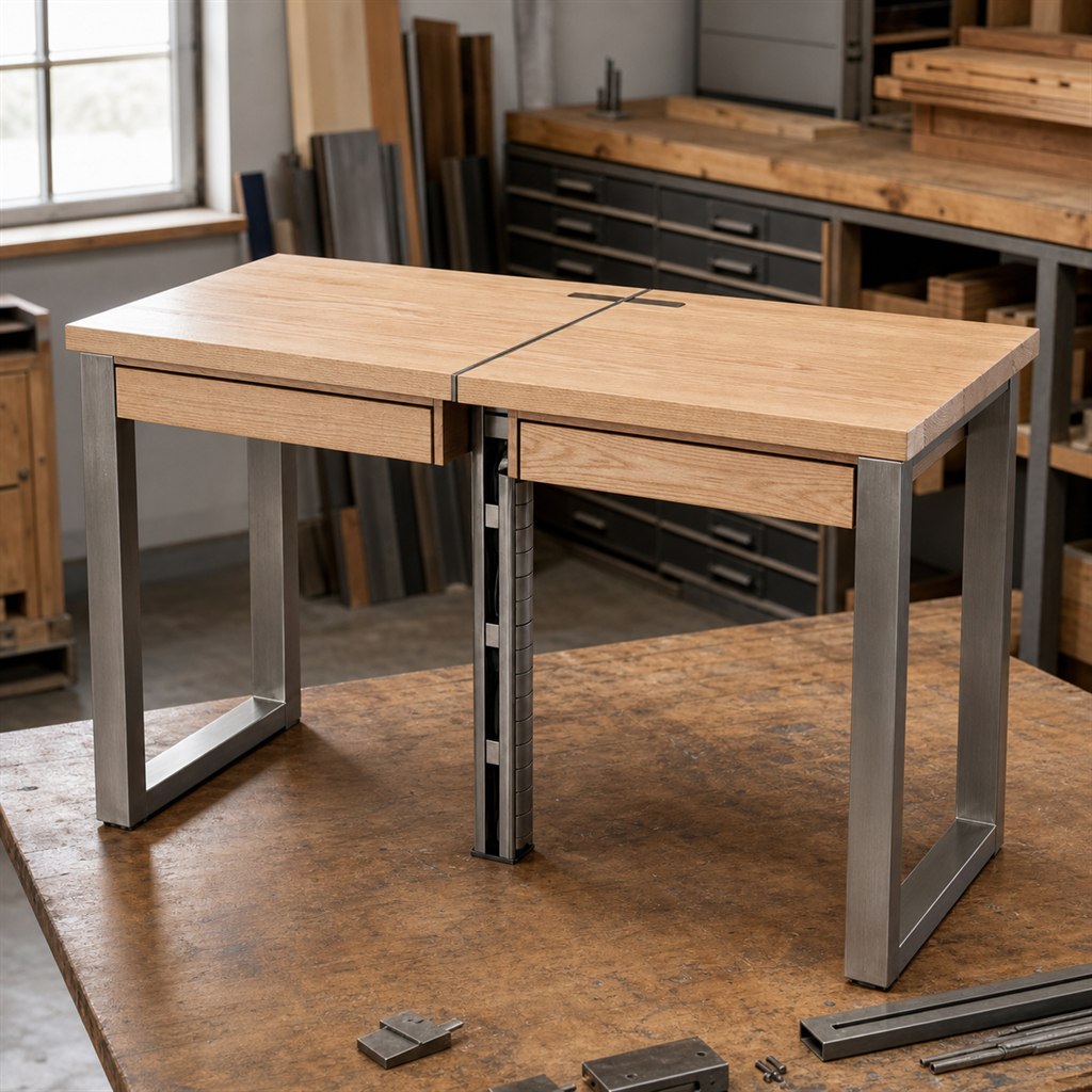 Dual-User Desk With a Central Steel Cable Spine - workshop dry-assembly view