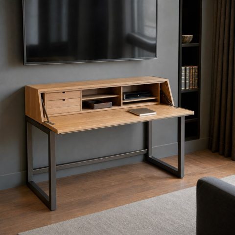 Secretary Desk With an Oak Case and Steel Pull-Out Legs