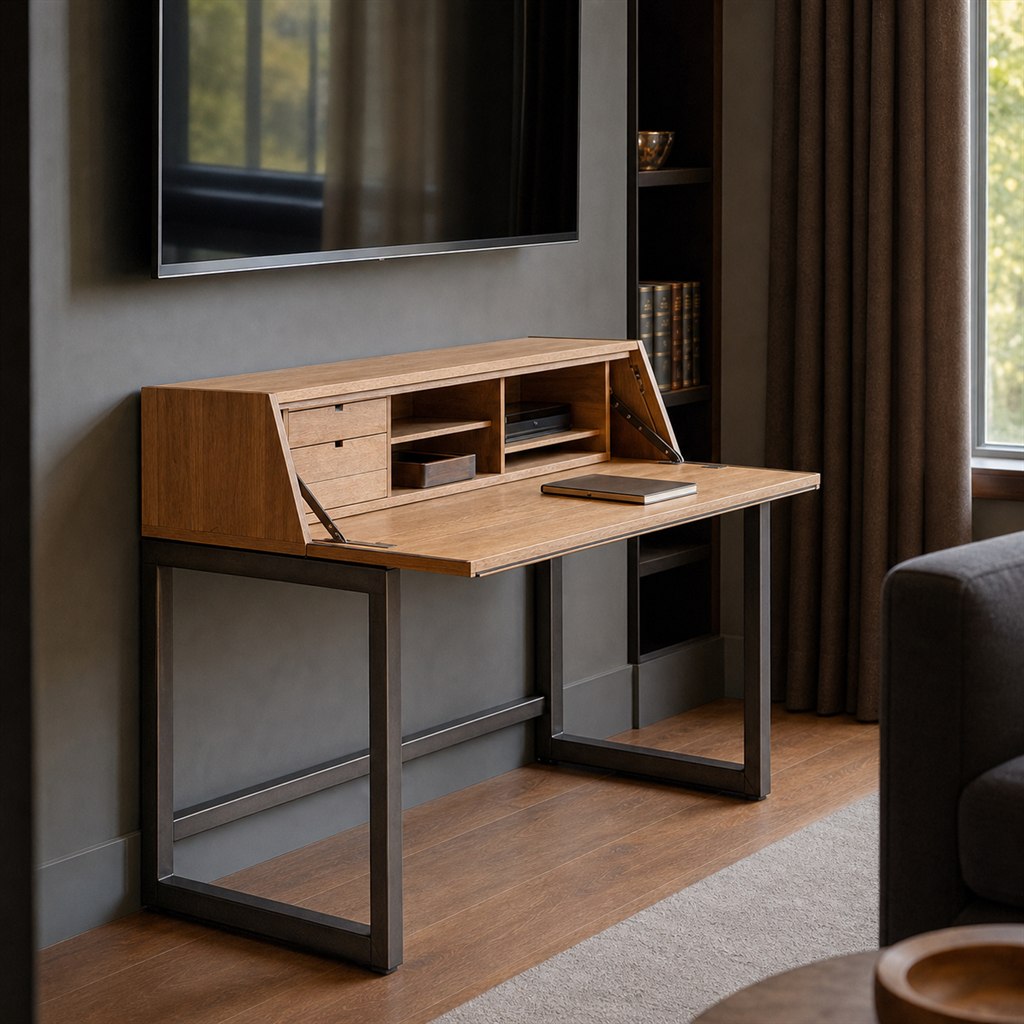Secretary Desk With an Oak Case and Steel Pull-Out Legs - alternate full view