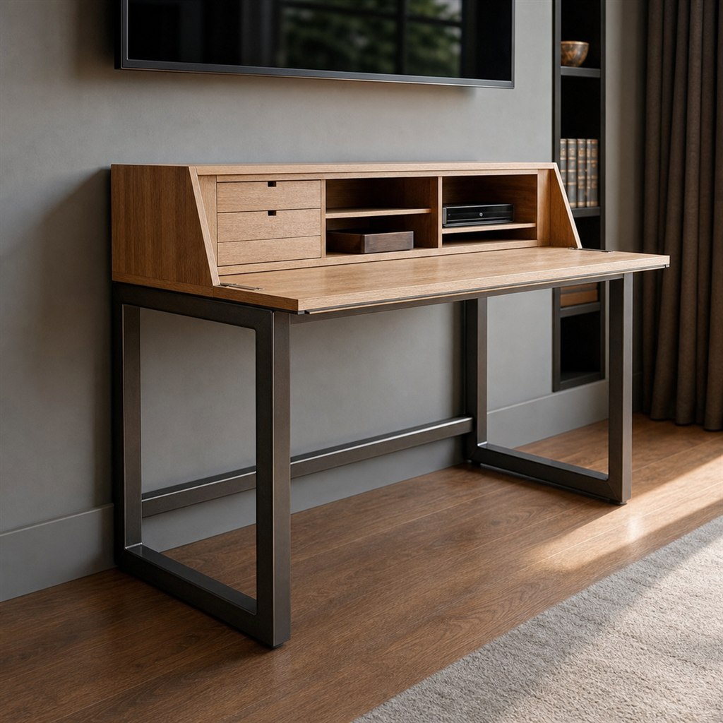 Secretary Desk With an Oak Case and Steel Pull-Out Legs - steel-frame detail
