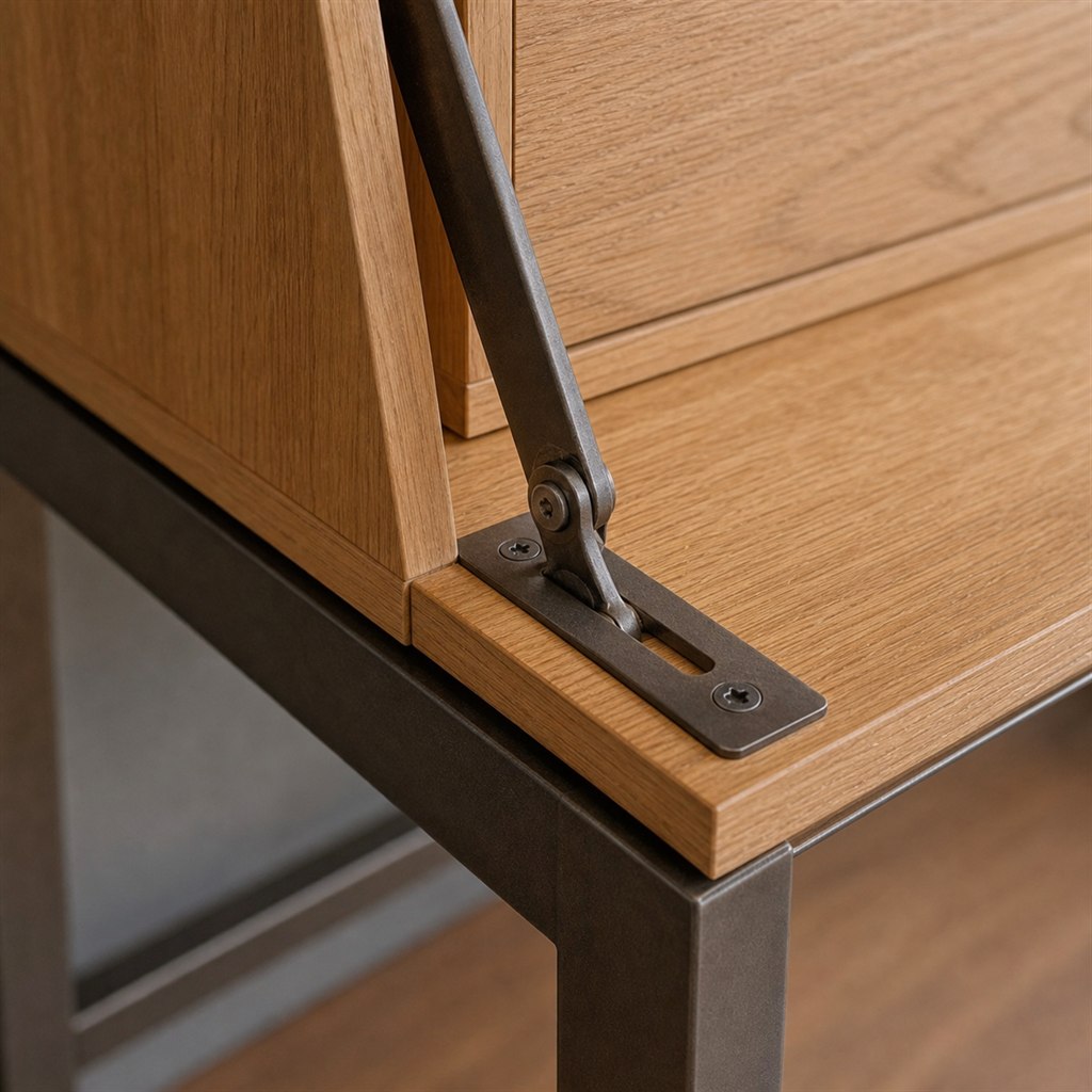 Secretary Desk With an Oak Case and Steel Pull-Out Legs - wood-to-steel interface detail