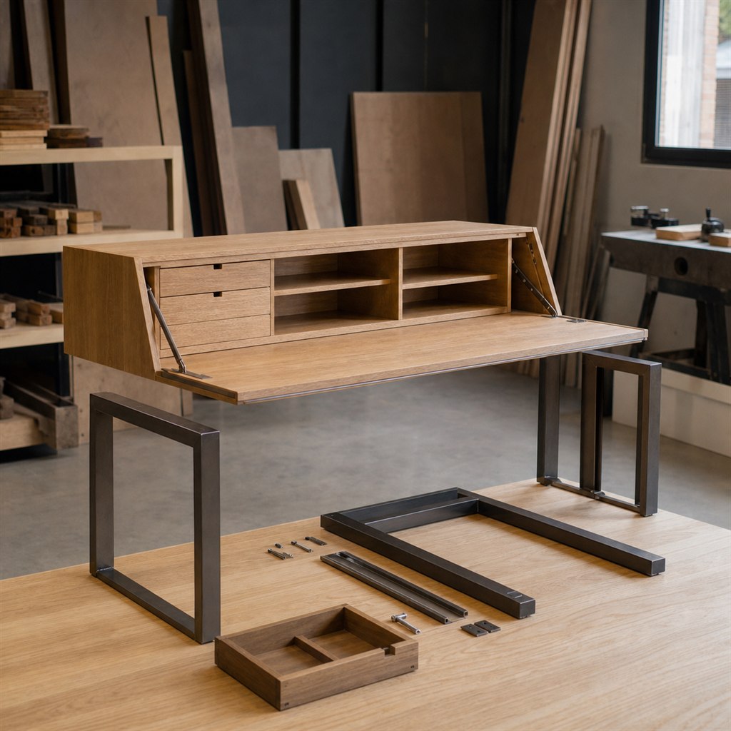 Secretary Desk With an Oak Case and Steel Pull-Out Legs - workshop dry-assembly view