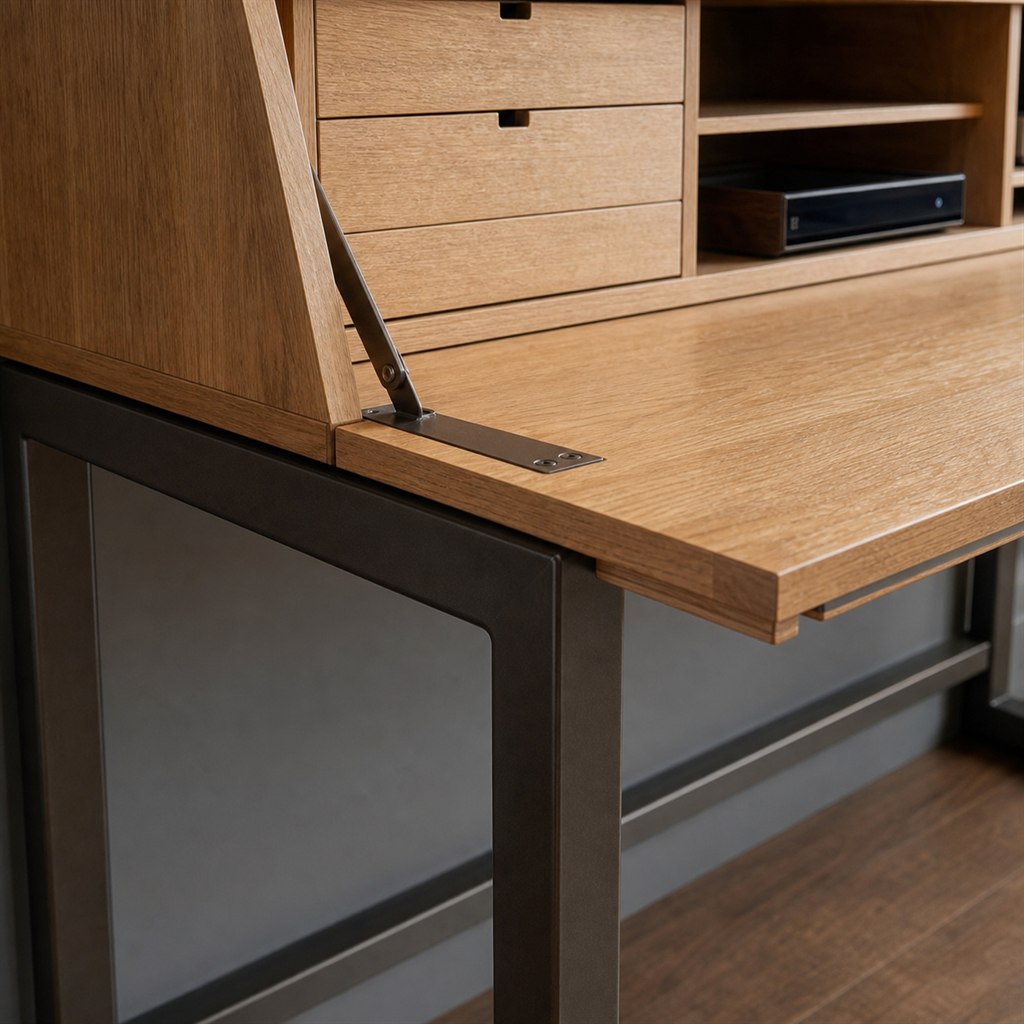 Secretary Desk With an Oak Case and Steel Pull-Out Legs - finished material detail