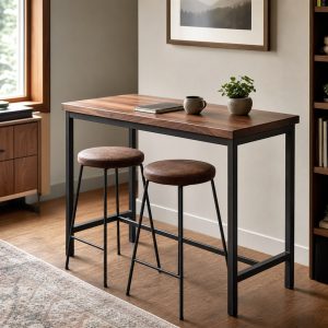 Console Bar Table With a Steel Foot Rail and Wood Top