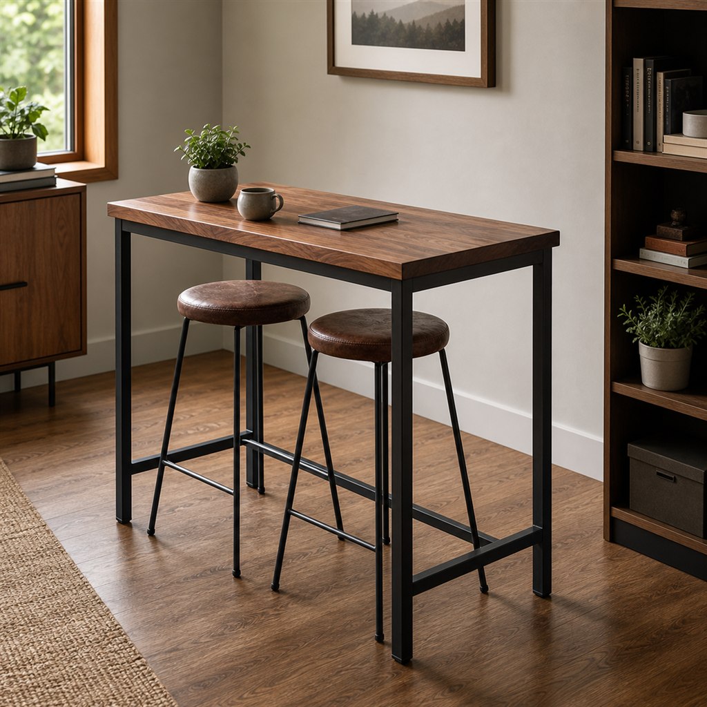 Console Bar Table With a Steel Foot Rail and Wood Top - alternate full view