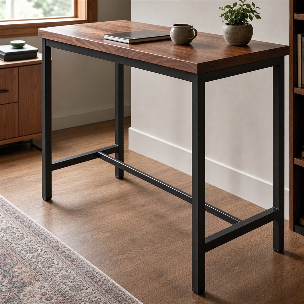 Console Bar Table With a Steel Foot Rail and Wood Top - steel-frame detail