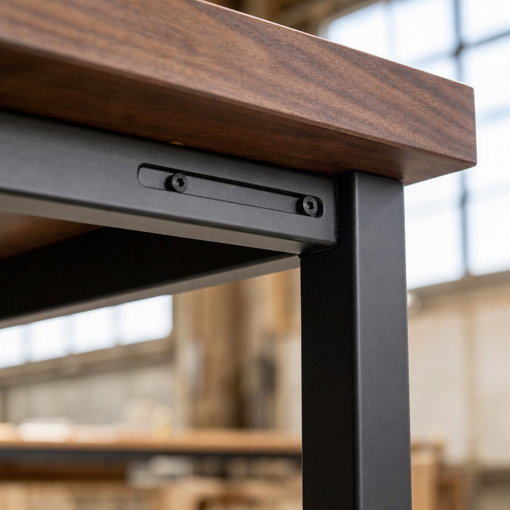 Console Bar Table With a Steel Foot Rail and Wood Top - wood-to-steel interface detail