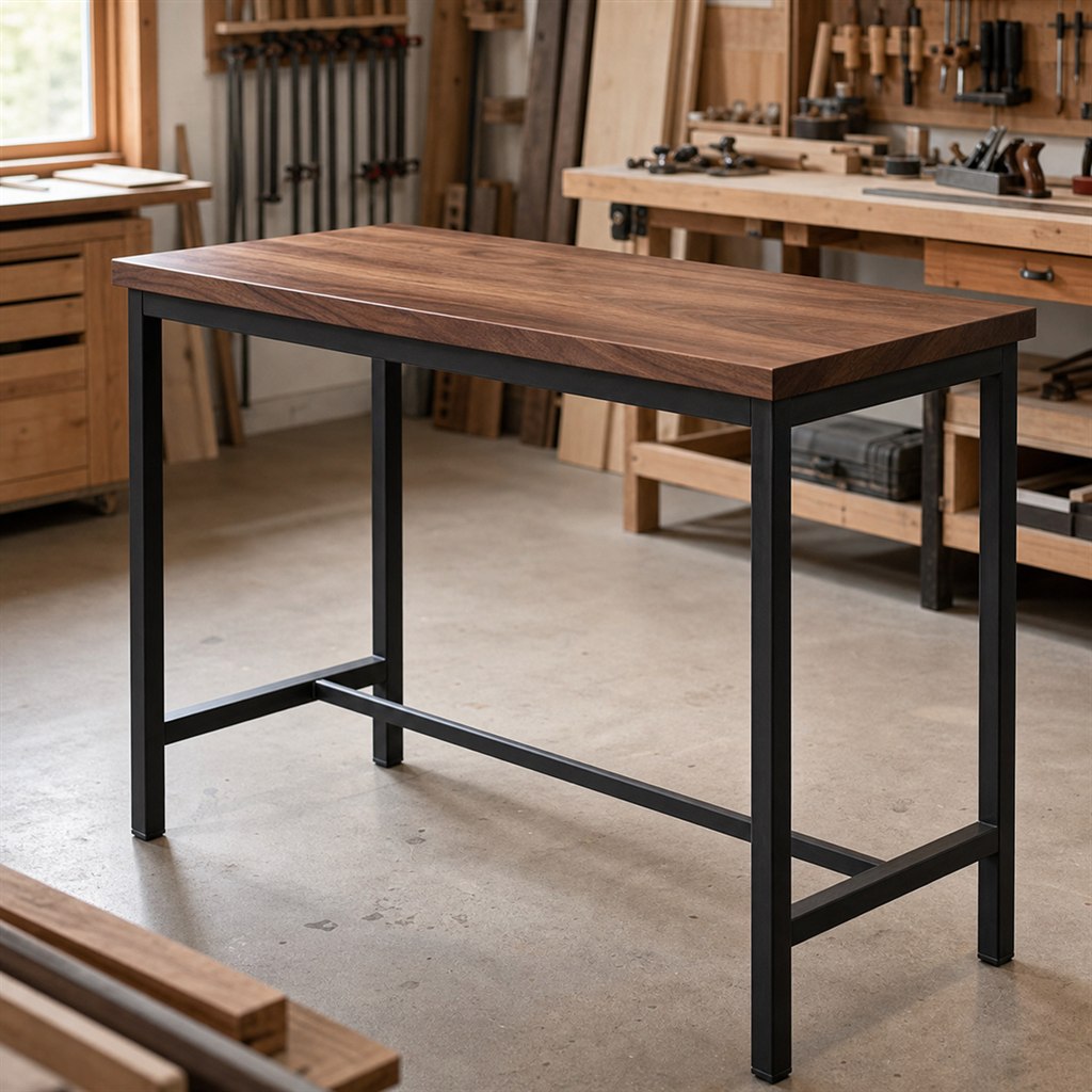 Console Bar Table With a Steel Foot Rail and Wood Top - workshop dry-assembly view