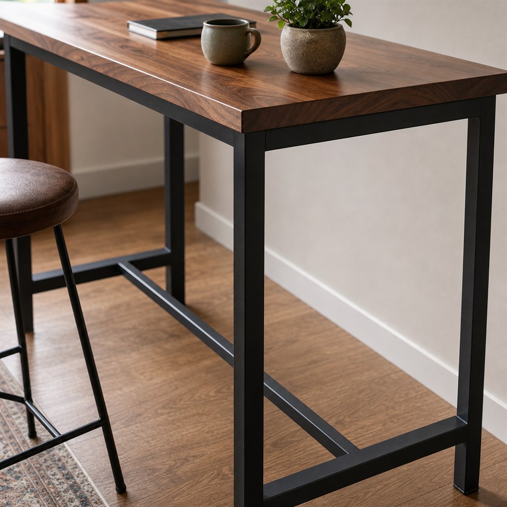 Console Bar Table With a Steel Foot Rail and Wood Top - finished material detail
