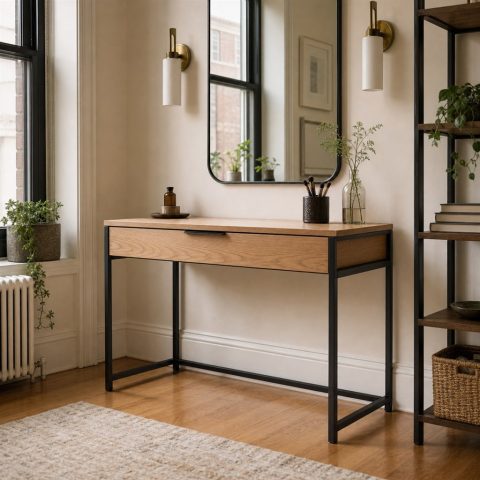 Minimalist Vanity With an Ash Drawer and Steel Frame