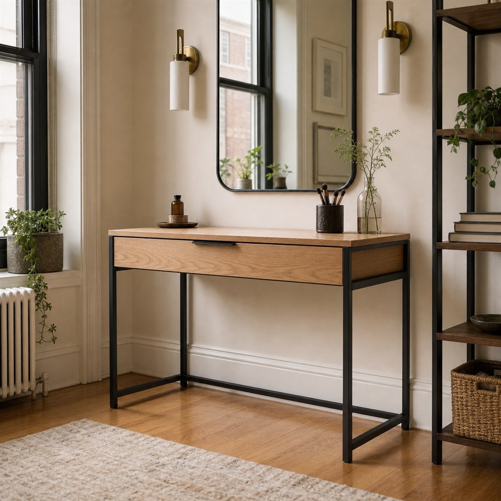 Minimalist Vanity With an Ash Drawer and Steel Frame