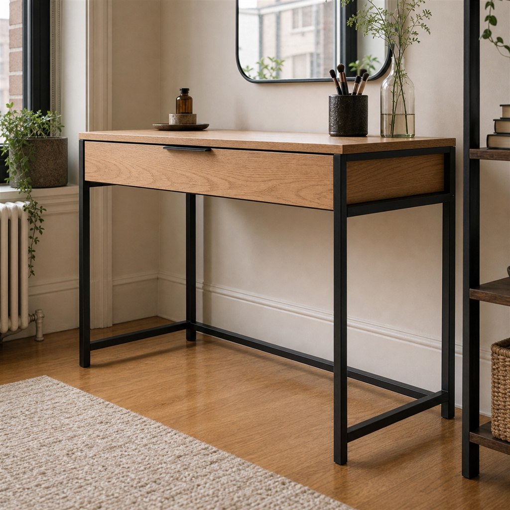 Minimalist Vanity With an Ash Drawer and Steel Frame - steel-frame detail
