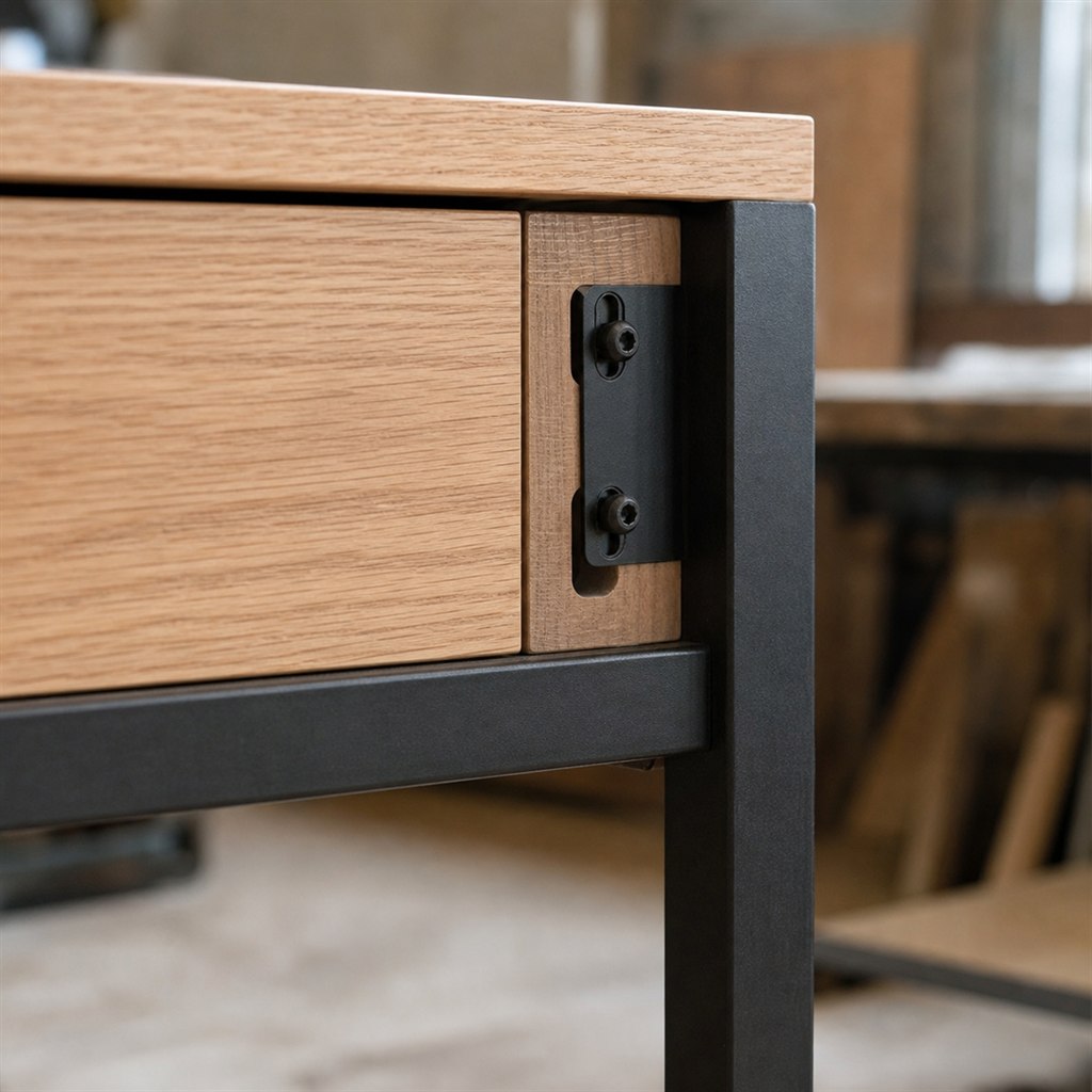 Minimalist Vanity With an Ash Drawer and Steel Frame - wood-to-steel interface detail