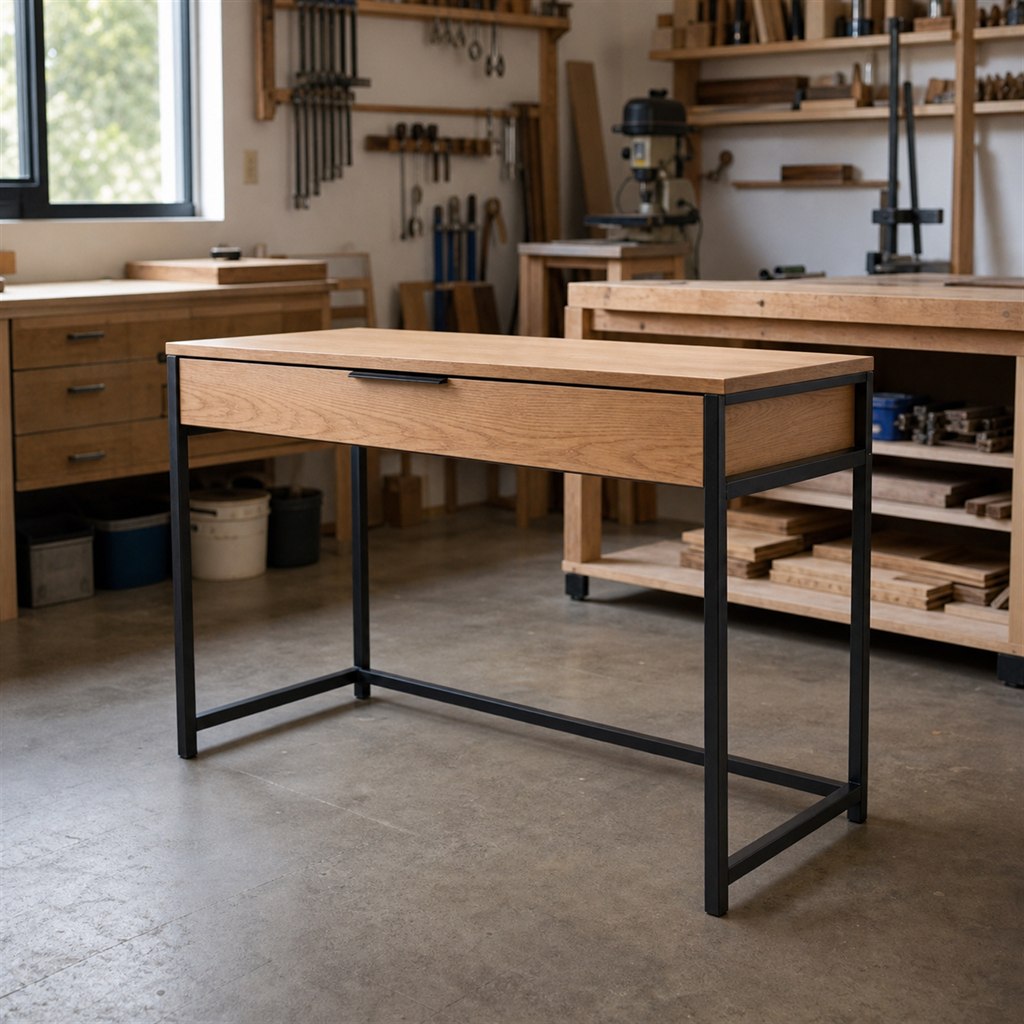 Minimalist Vanity With an Ash Drawer and Steel Frame - workshop dry-assembly view