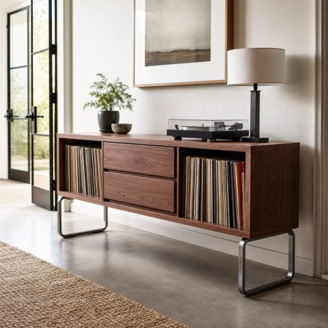 Record Console With a Walnut Case and Steel Sled Base