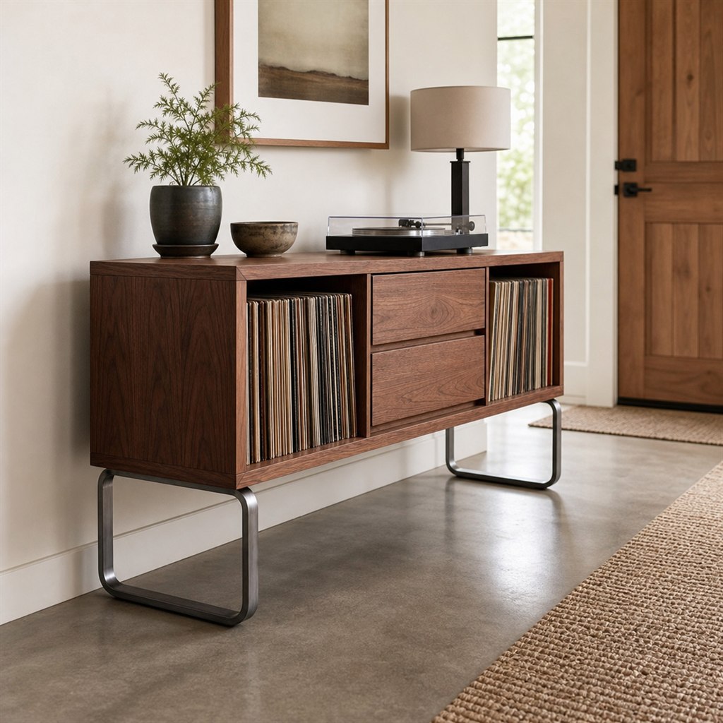 Record Console With a Walnut Case and Steel Sled Base - alternate full view