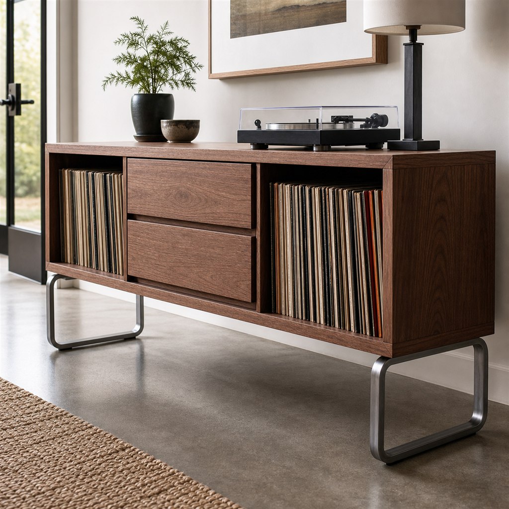 Record Console With a Walnut Case and Steel Sled Base - steel-frame detail