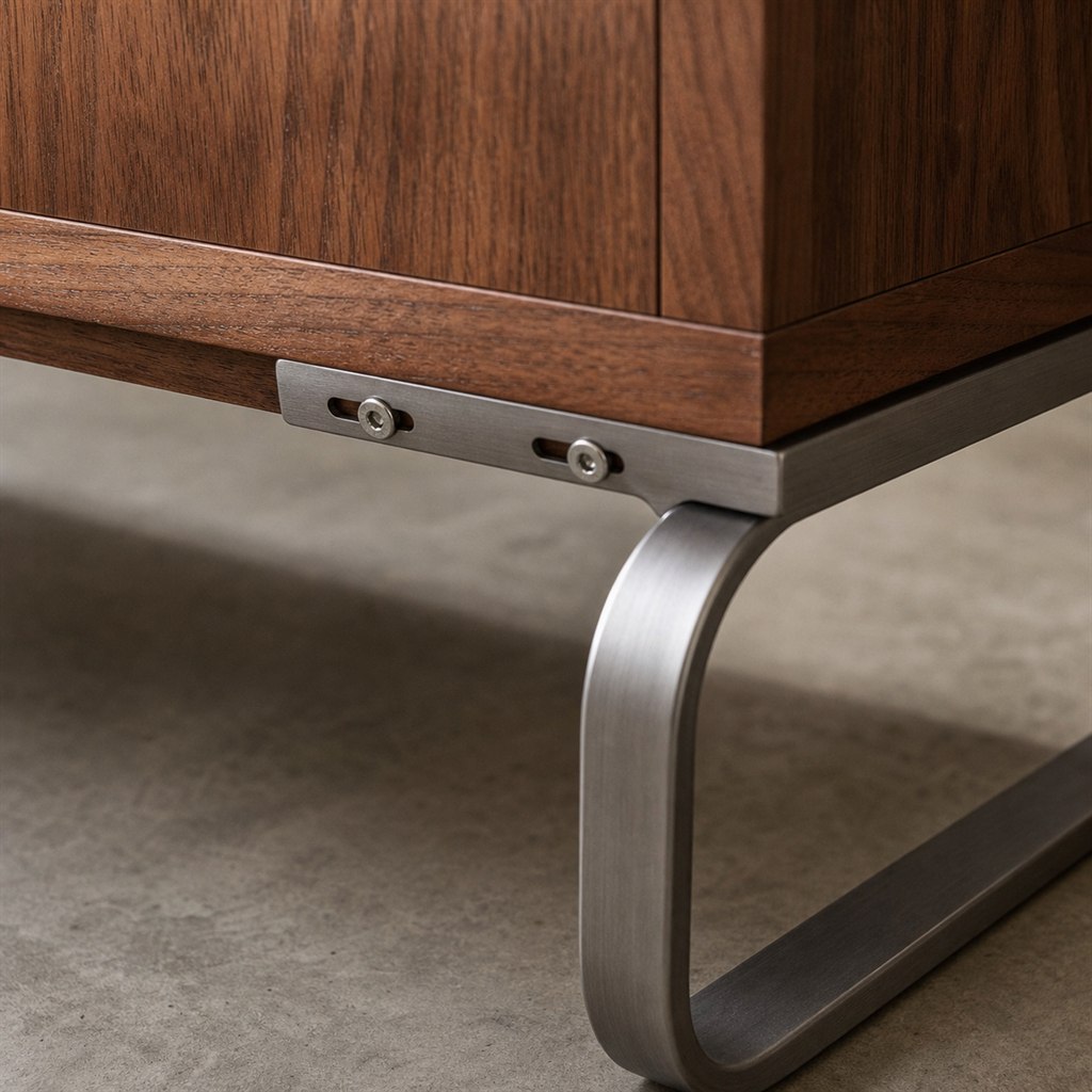 Record Console With a Walnut Case and Steel Sled Base - wood-to-steel interface detail
