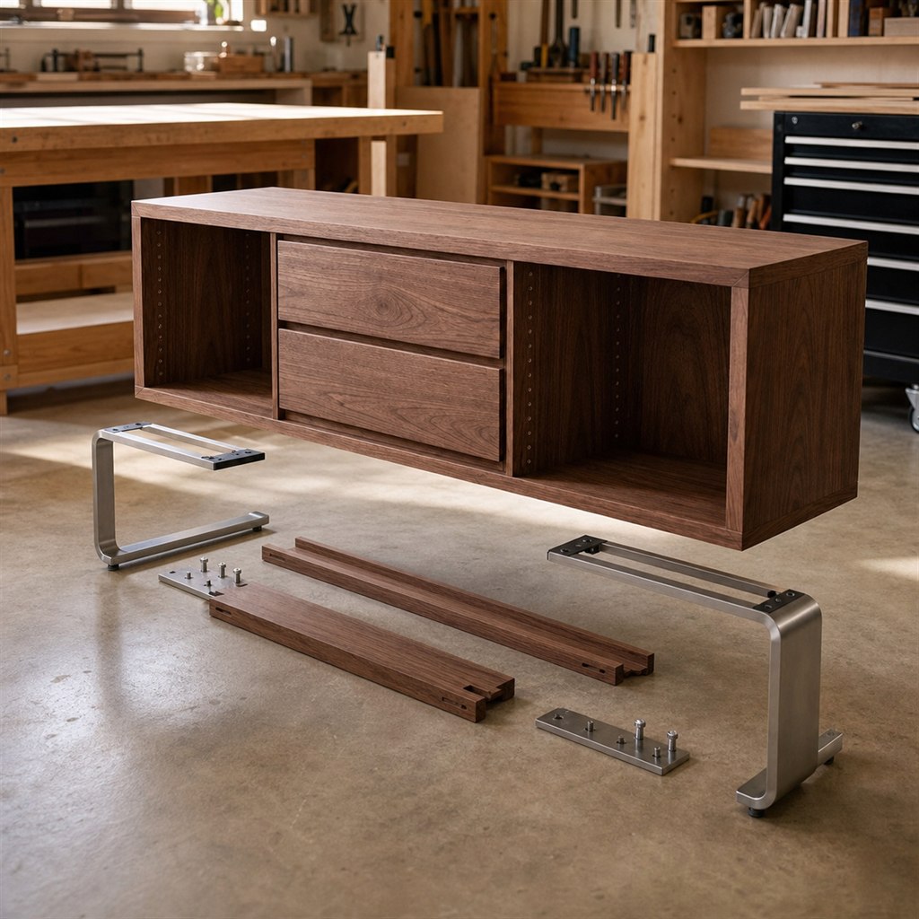 Record Console With a Walnut Case and Steel Sled Base - workshop dry-assembly view