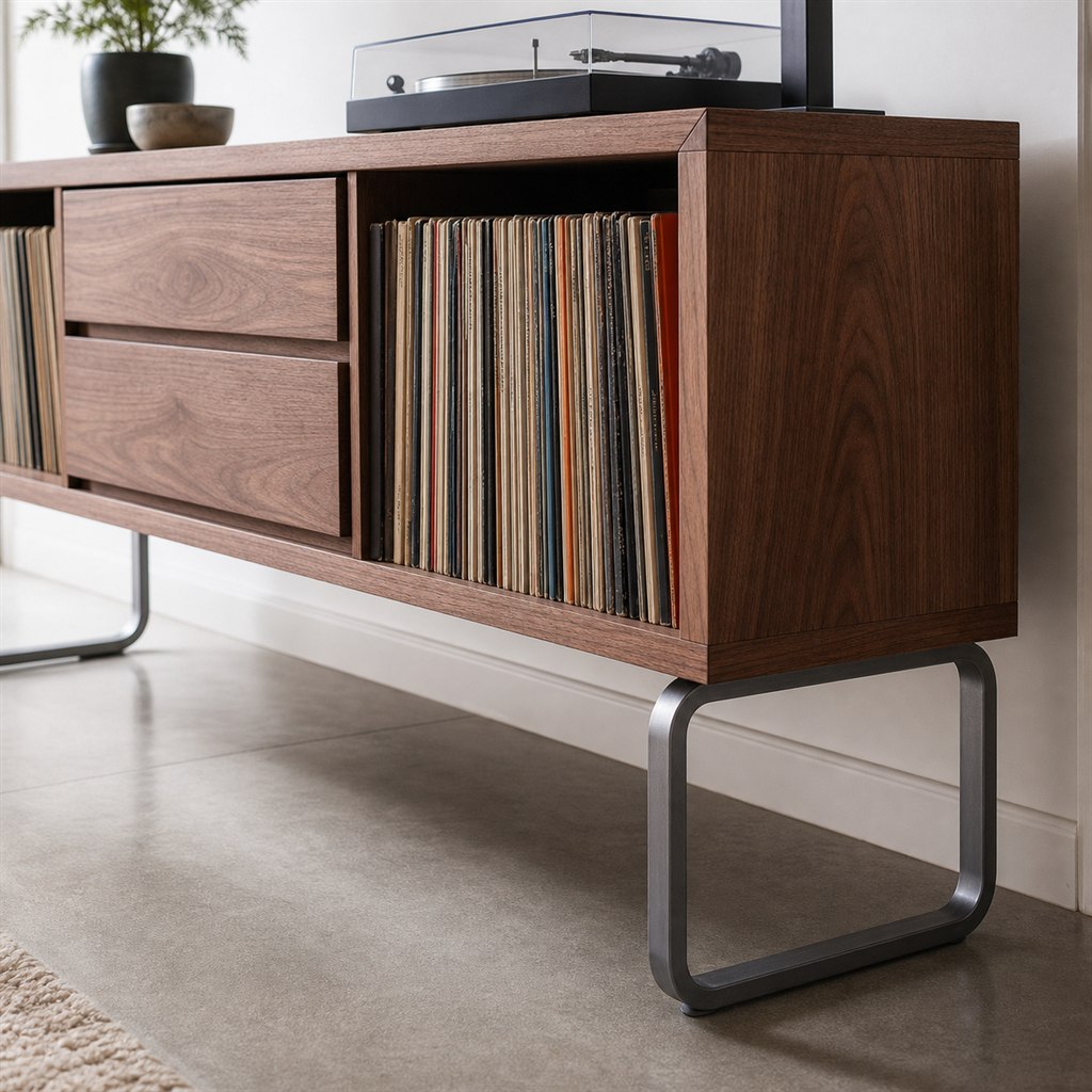 Record Console With a Walnut Case and Steel Sled Base - finished material detail