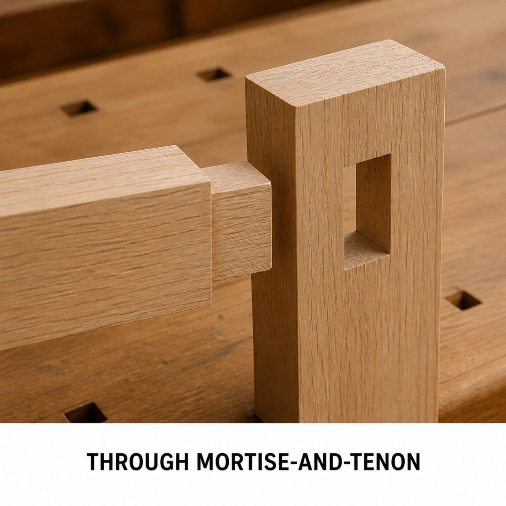 Photorealistic labeled example of Through Mortise-and-Tenon showing the woodworking connection.