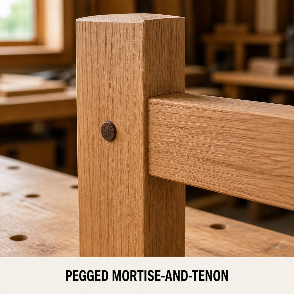 Photorealistic labeled example of Pegged Mortise-and-Tenon showing the woodworking connection.