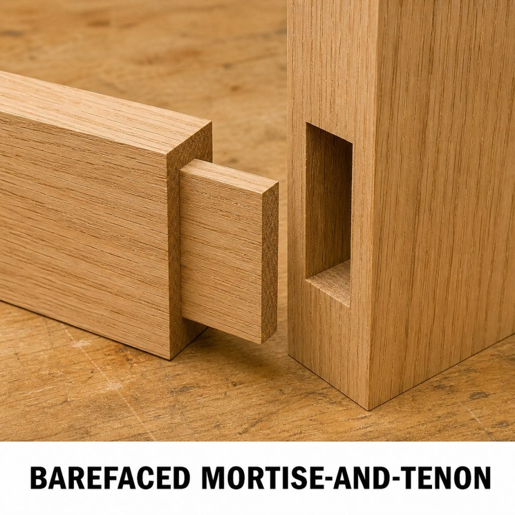 Photorealistic labeled example of Barefaced Mortise-and-Tenon showing the woodworking connection.