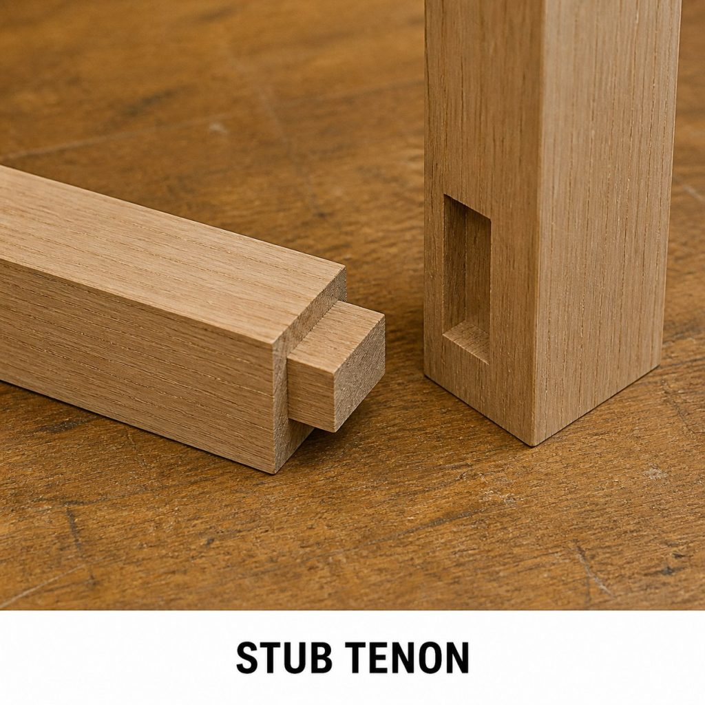 Photorealistic labeled example of Stub Tenon showing the woodworking connection.