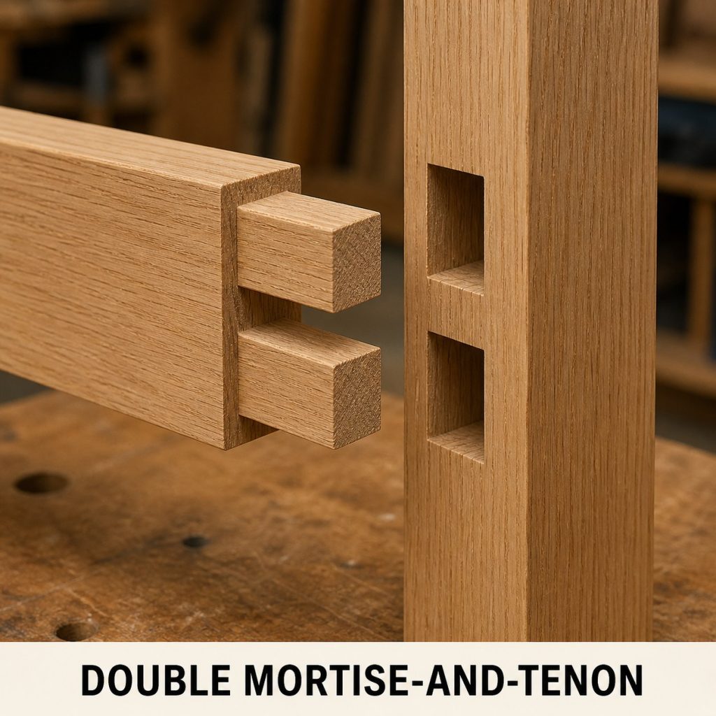 Photorealistic labeled example of Double Mortise-and-Tenon showing the woodworking connection.