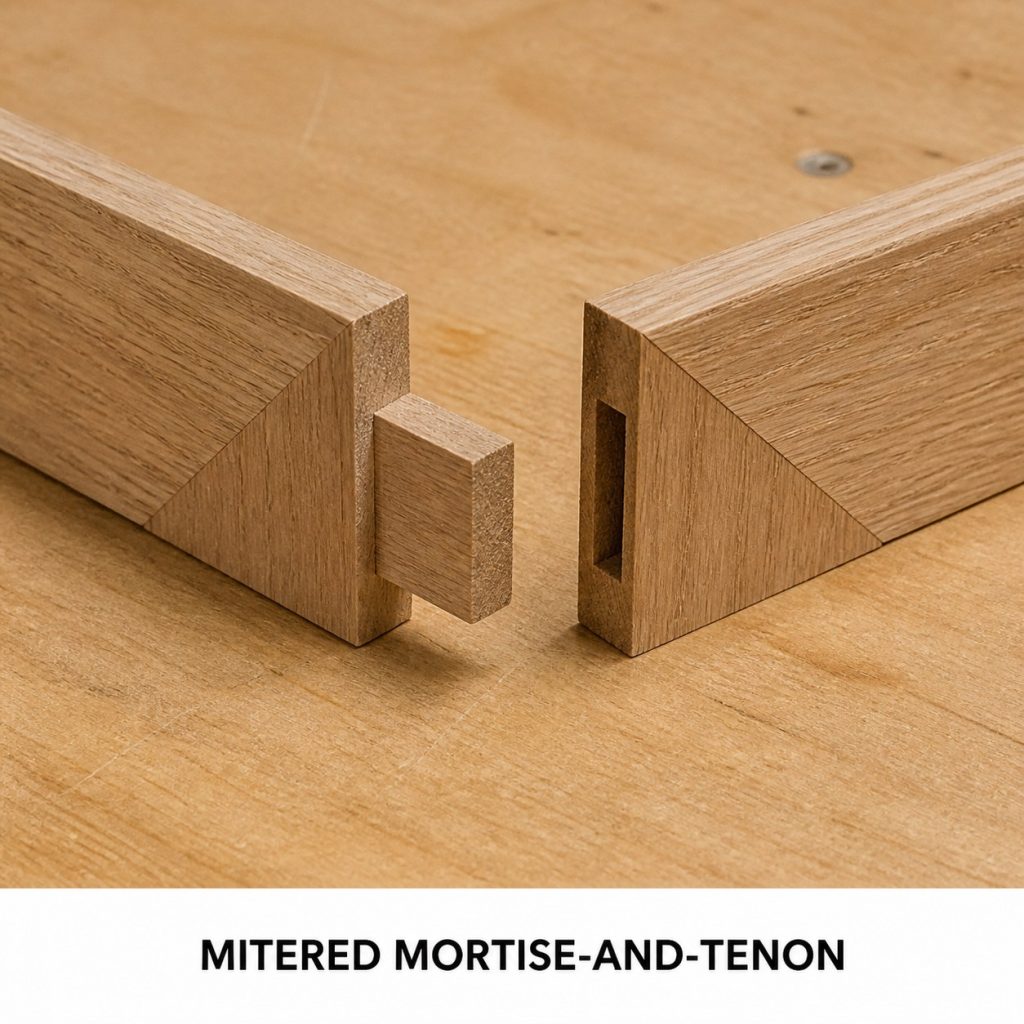 Photorealistic labeled example of Mitered Mortise-and-Tenon showing the woodworking connection.