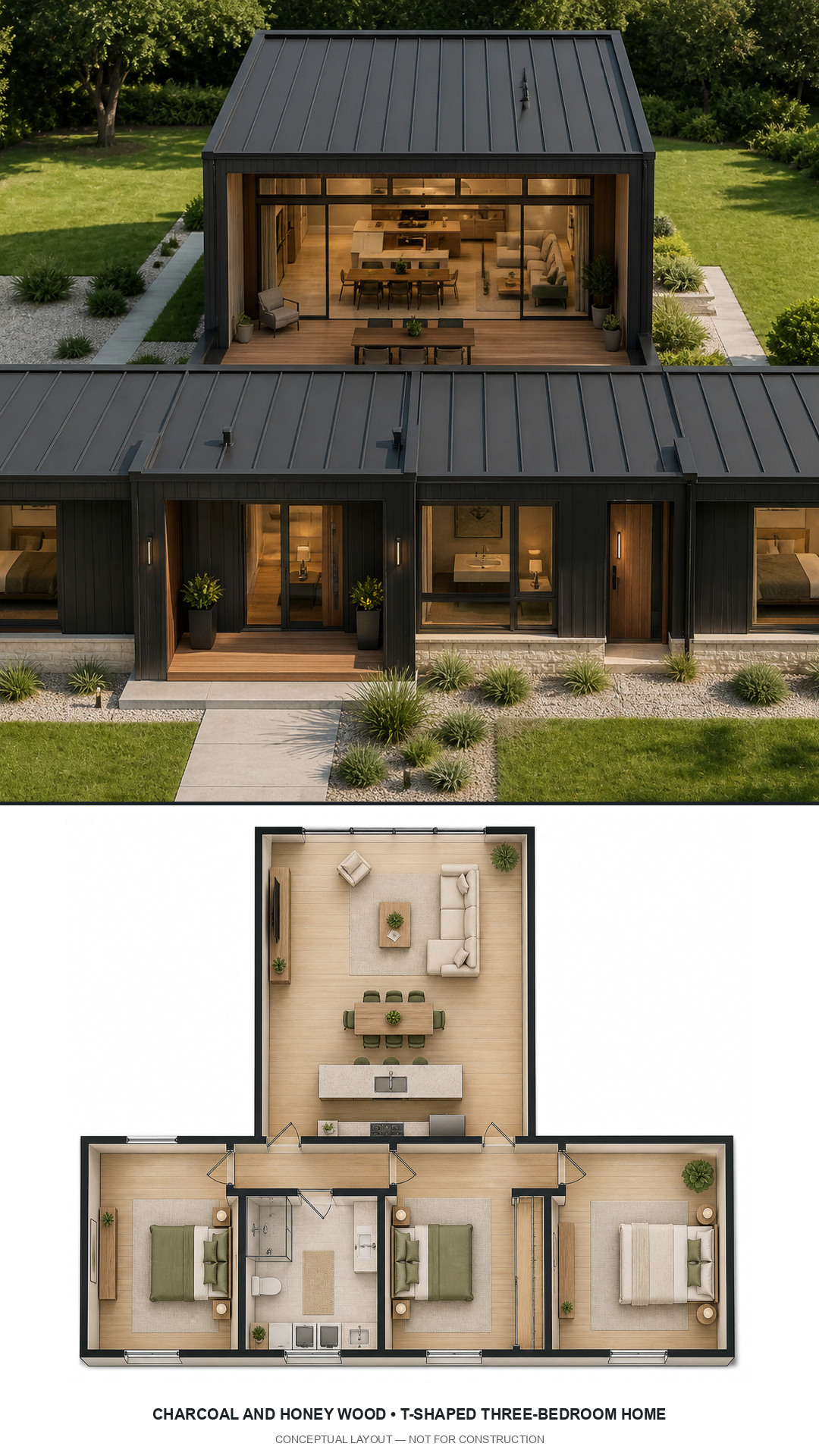 Charcoal and Honey Wood T-Shaped Three-Bedroom Home exterior and furnished conceptual floor plan