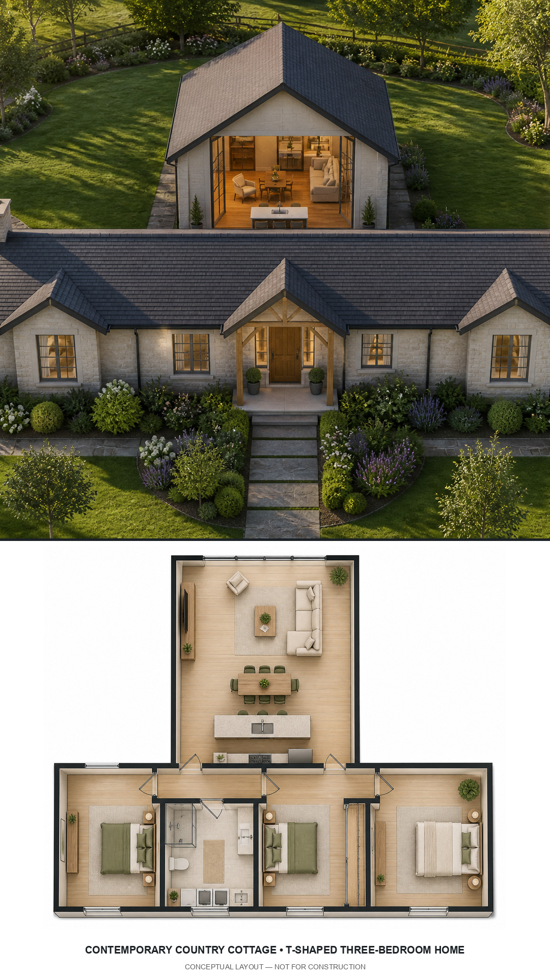 Contemporary Country Cottage T-Shaped Three-Bedroom Home exterior and furnished conceptual floor plan