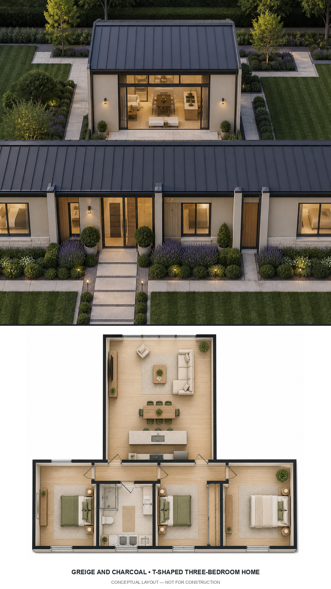 Greige and Charcoal T-Shaped Three-Bedroom Home exterior and furnished conceptual floor plan