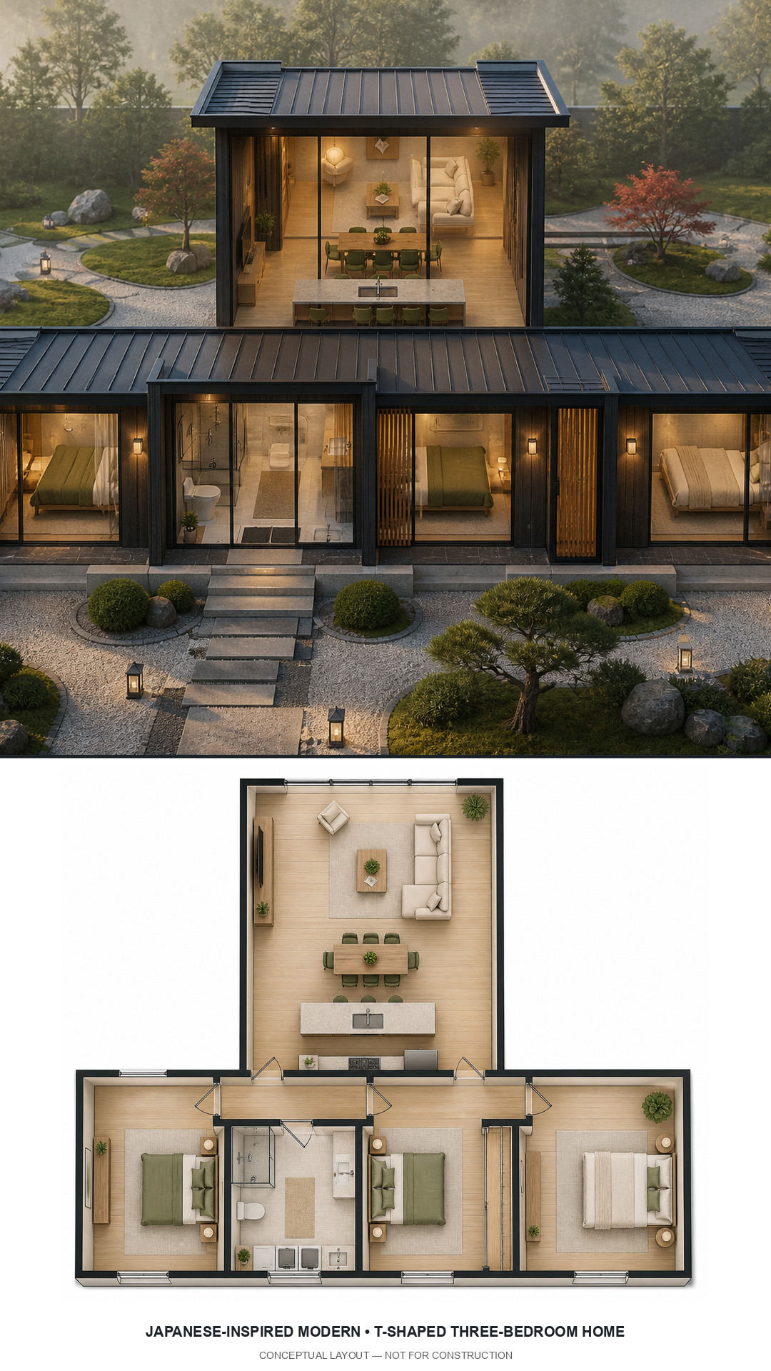 Japanese-Inspired Modern T-Shaped Three-Bedroom Home exterior and furnished conceptual floor plan