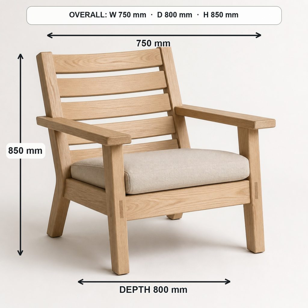 modern wooden lounge chair complete three-quarter project view, overall dimensions 750 mm wide × 800 mm deep × 850 mm high, with a 420 mm seat height
