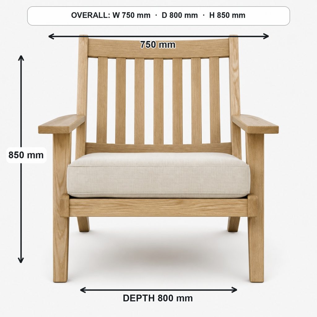 modern wooden lounge chair front elevation and overall proportions, overall dimensions 750 mm wide × 800 mm deep × 850 mm high, with a 420 mm seat height