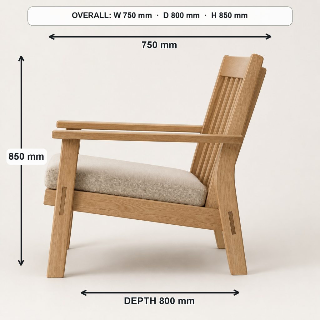 modern wooden lounge chair side elevation and depth, overall dimensions 750 mm wide × 800 mm deep × 850 mm high, with a 420 mm seat height