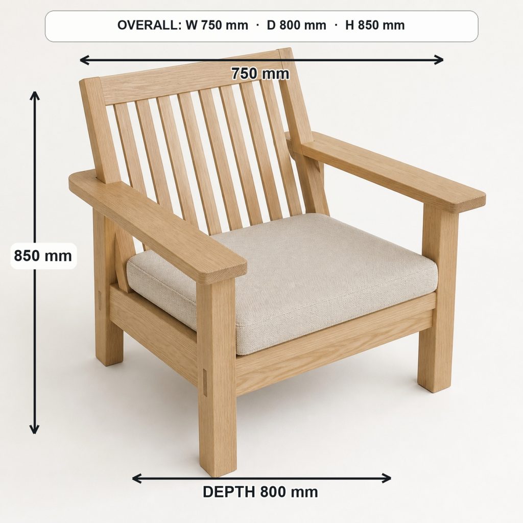 modern wooden lounge chair top view and usable surface, overall dimensions 750 mm wide × 800 mm deep × 850 mm high, with a 420 mm seat height