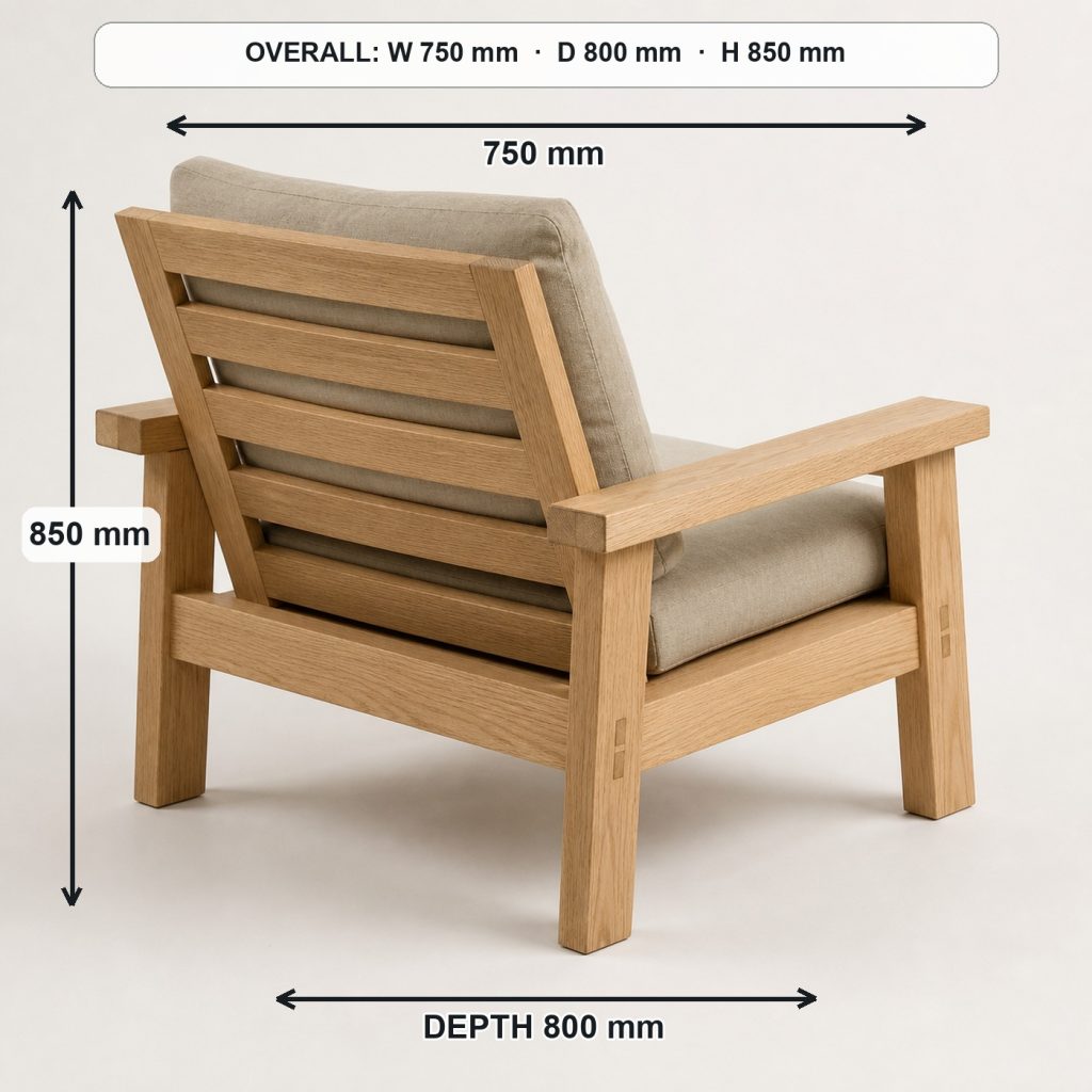 modern wooden lounge chair rear construction and support, overall dimensions 750 mm wide × 800 mm deep × 850 mm high, with a 420 mm seat height