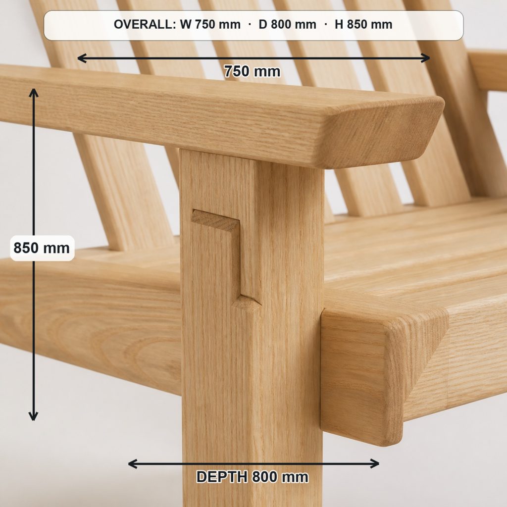 modern wooden lounge chair primary joinery detail, overall dimensions 750 mm wide × 800 mm deep × 850 mm high, with a 420 mm seat height