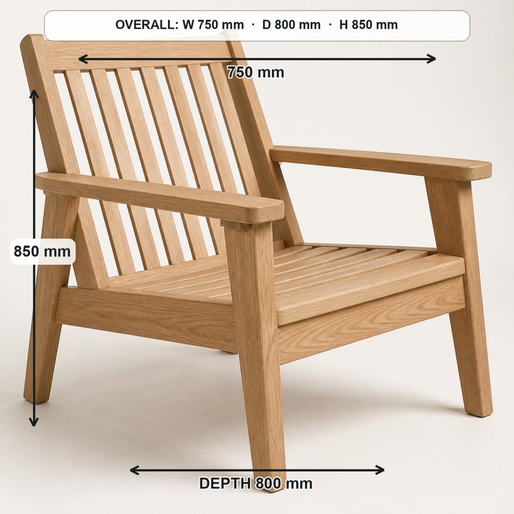 modern wooden lounge chair storage or functional detail, overall dimensions 750 mm wide × 800 mm deep × 850 mm high, with a 420 mm seat height