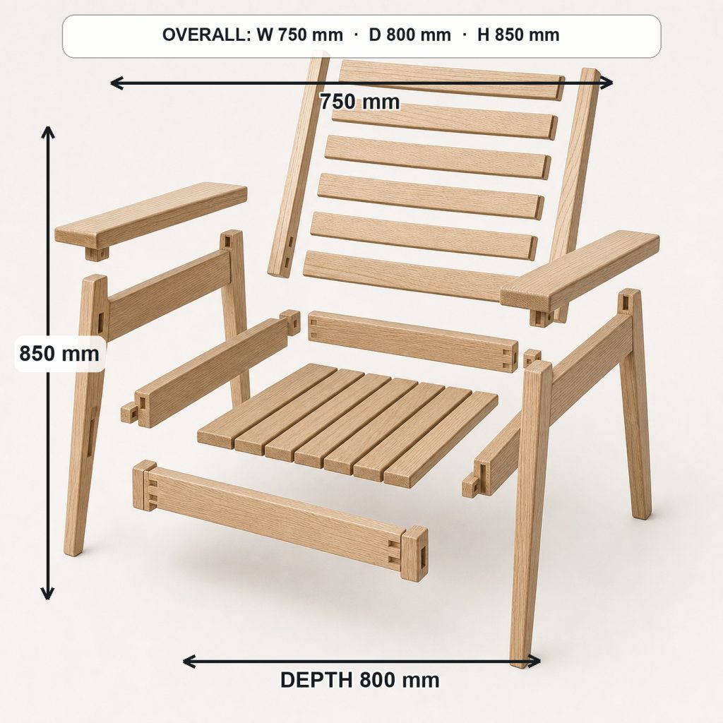 modern wooden lounge chair exploded construction overview, overall dimensions 750 mm wide × 800 mm deep × 850 mm high, with a 420 mm seat height