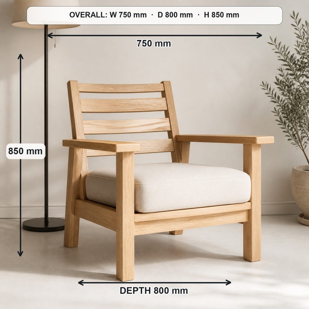 modern wooden lounge chair project shown in a real room, overall dimensions 750 mm wide × 800 mm deep × 850 mm high, with a 420 mm seat height