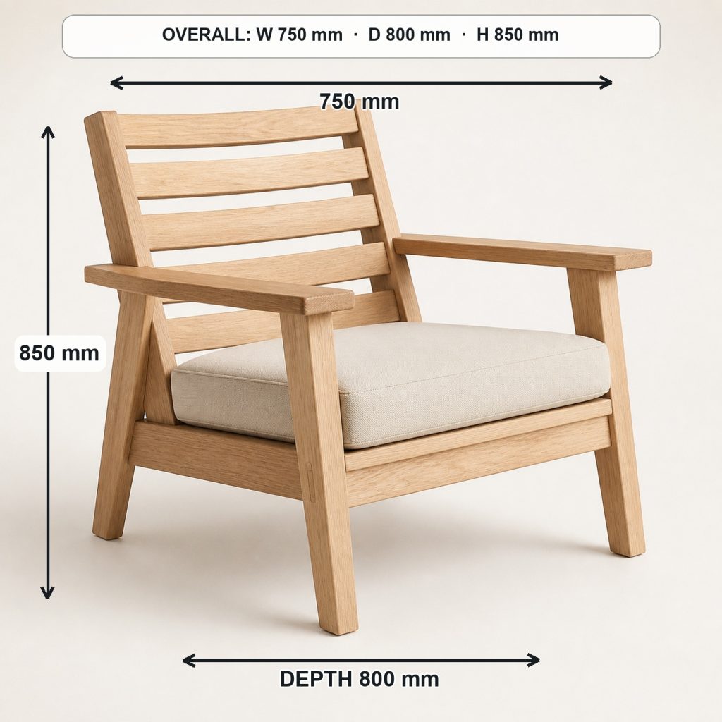 modern wooden lounge chair finished project variation, overall dimensions 750 mm wide × 800 mm deep × 850 mm high, with a 420 mm seat height