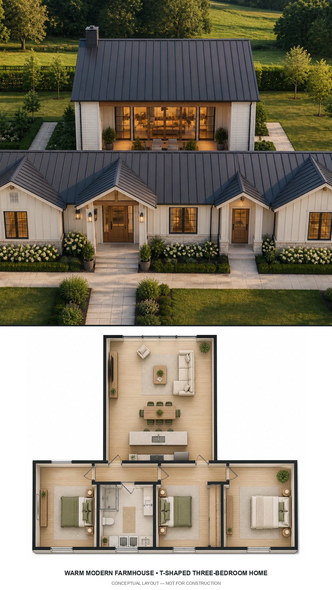 Warm Modern Farmhouse T-Shaped Three-Bedroom Home exterior and furnished conceptual floor plan