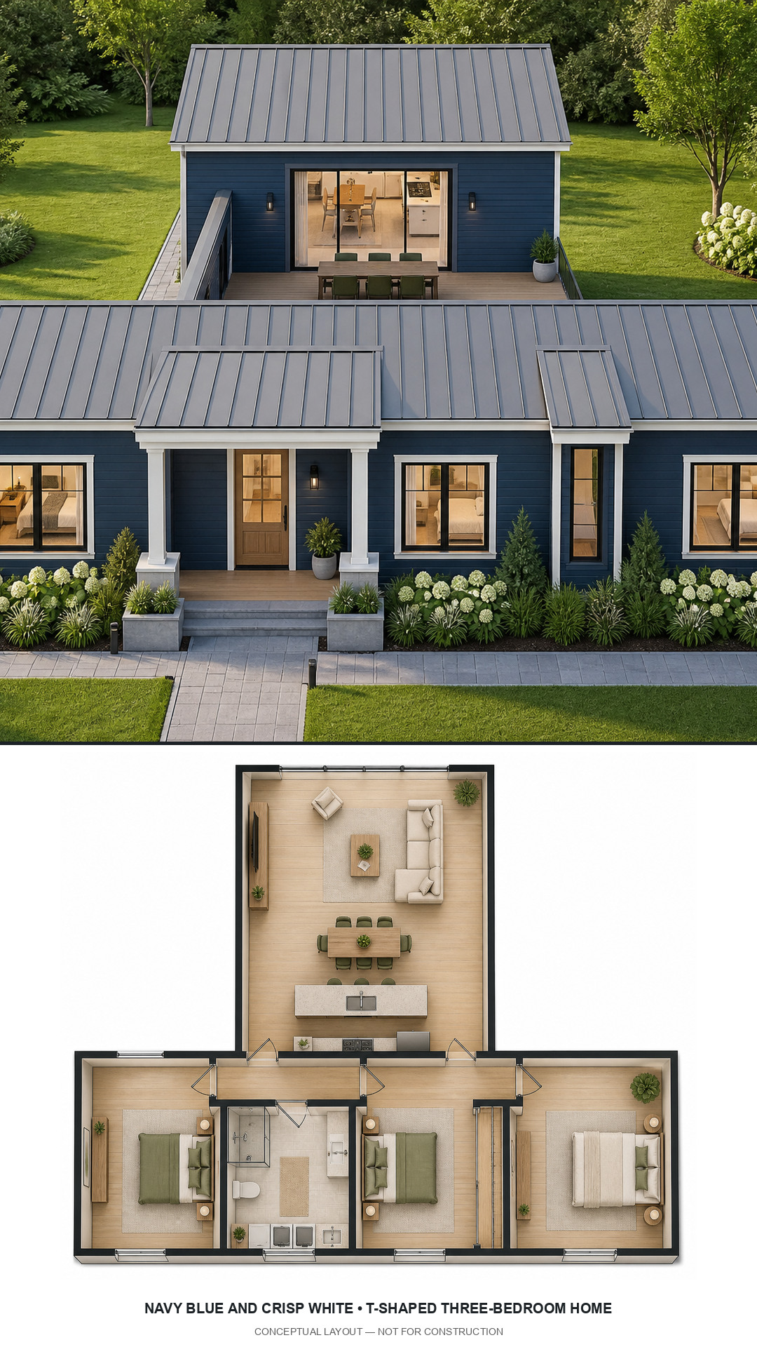 Navy Blue and Crisp White T-Shaped Three-Bedroom Home exterior and furnished conceptual floor plan