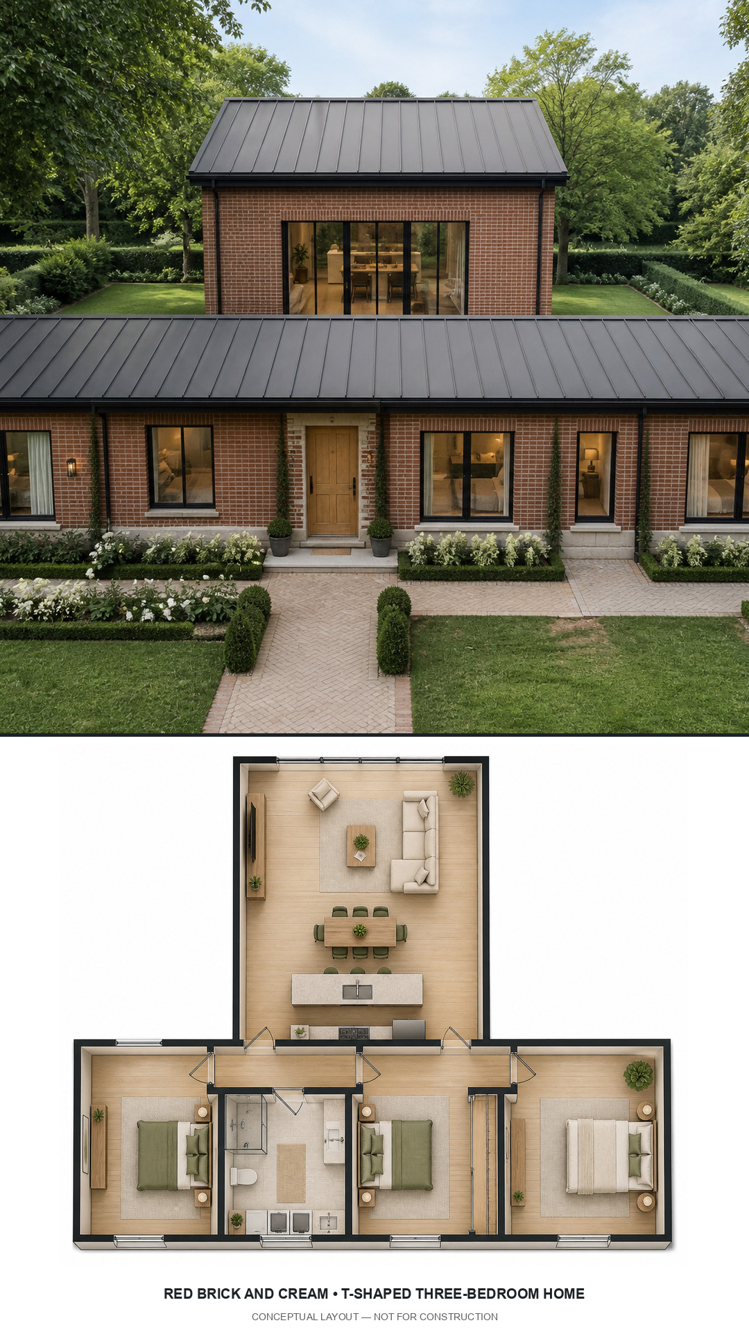 Red Brick and Cream T-Shaped Three-Bedroom Home exterior and furnished conceptual floor plan